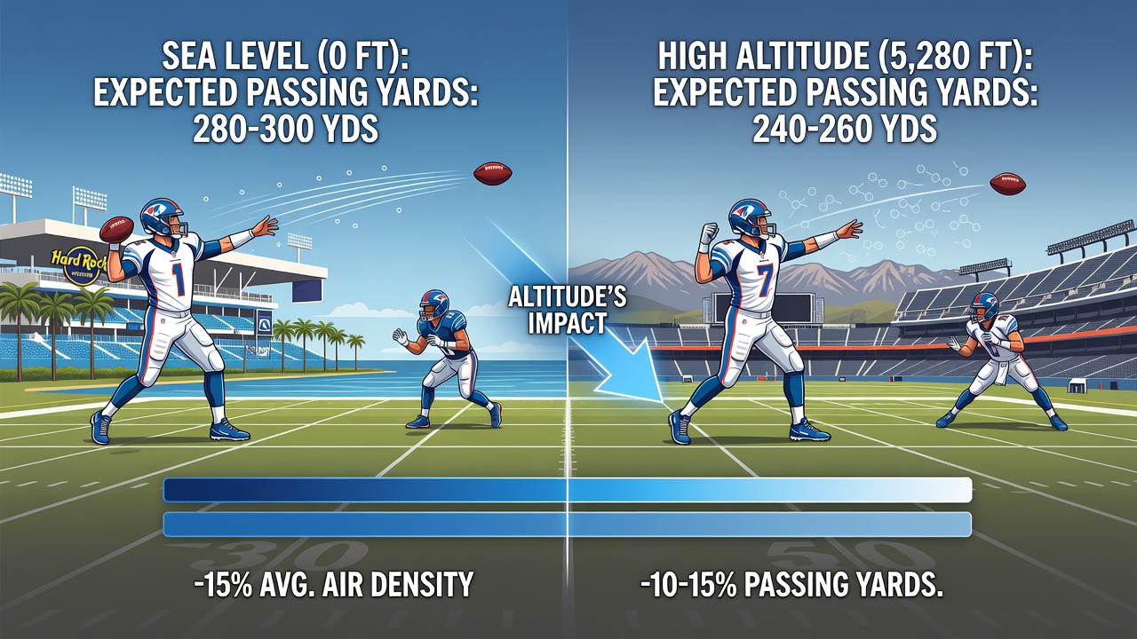 Close-up of an NFL quarterback releasing a deep pass with visible ball spin against a mountainous backdrop
