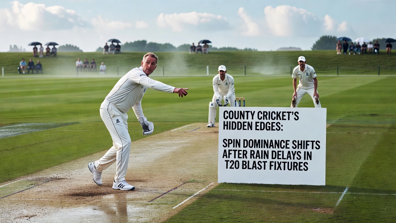 Spin bowler delivering during a T20 Blast match on a rain affected pitch