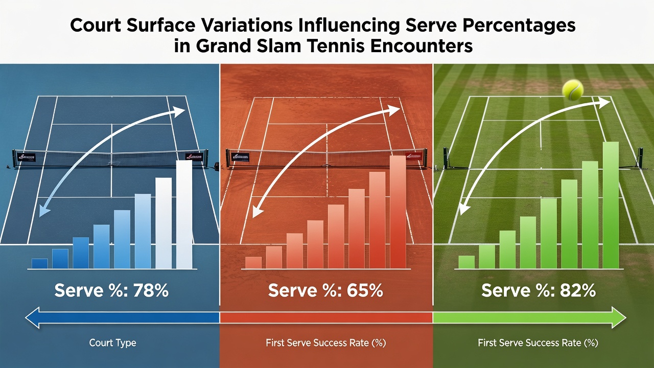 Tennis court surfaces comparison showing grass, clay and hard courts with serve trajectory overlays