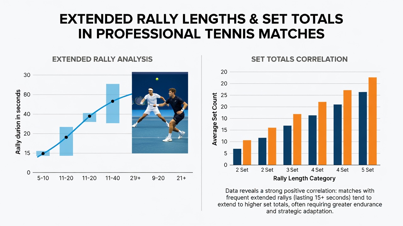 Statistical overlay showing rally length distribution and set point totals from a recent professional tennis tournament