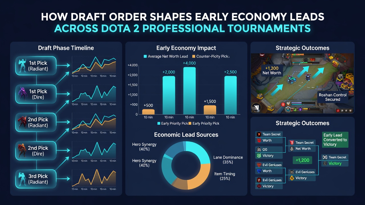 Professional Dota 2 players reviewing early game economy metrics on team monitors during a live match