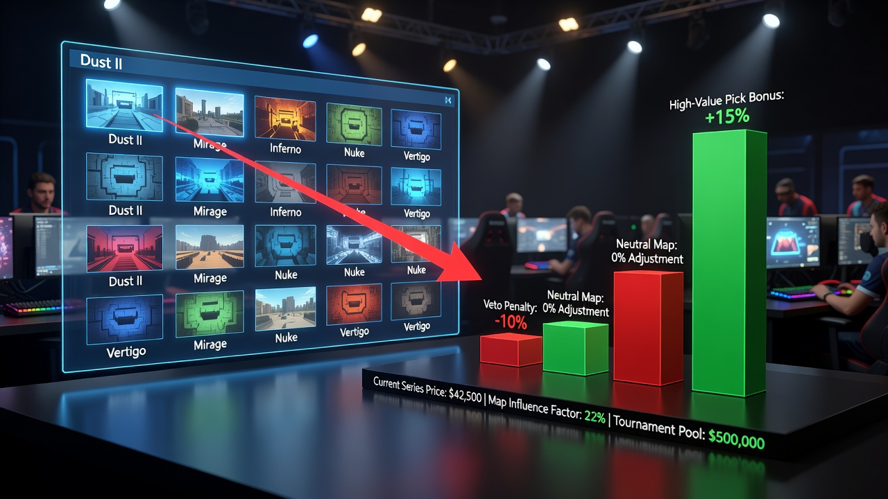 Professional Counter-Strike players analyzing map picks during a tournament veto phase