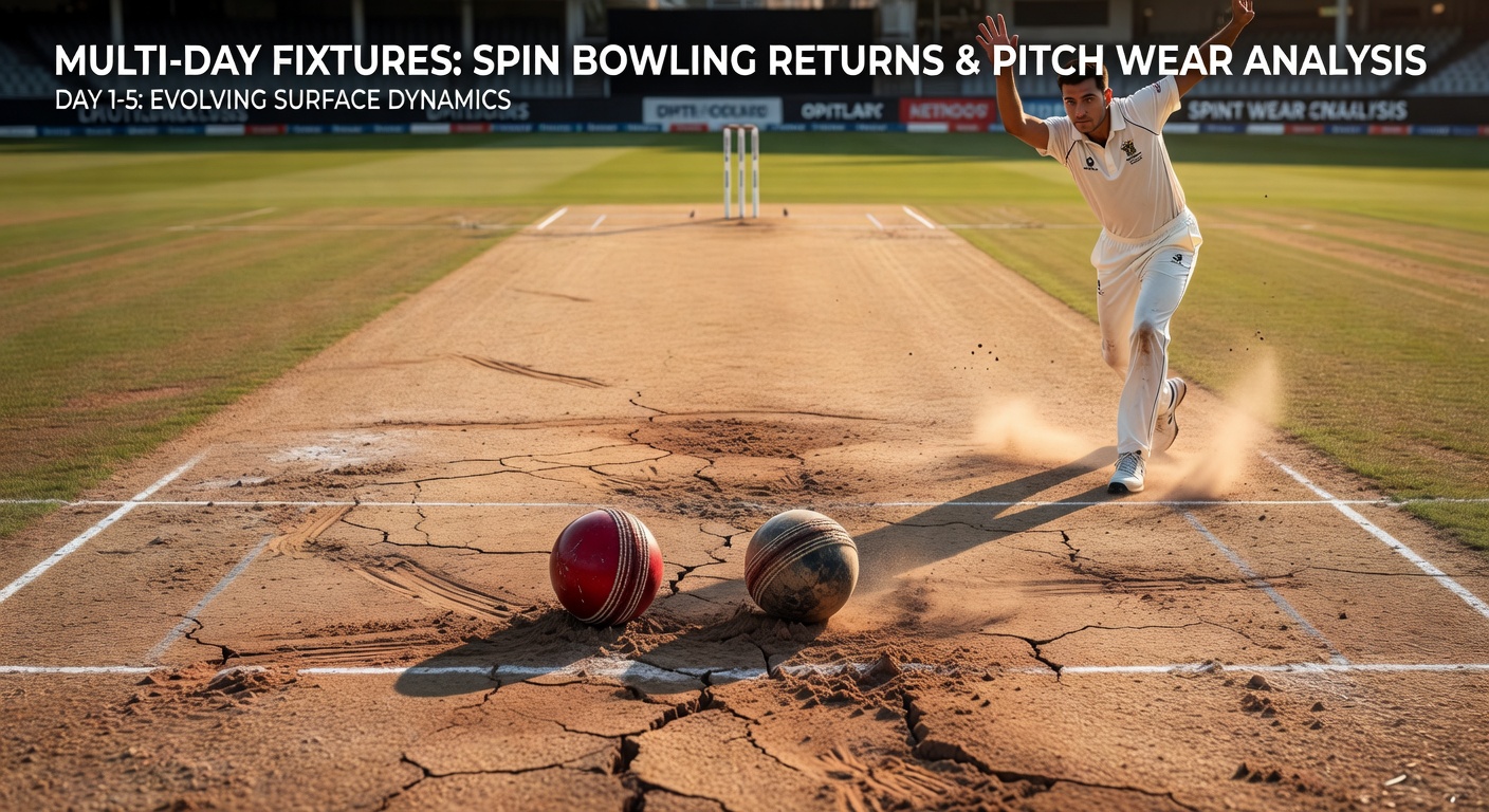 Cricket pitch showing visible wear and tear after several days of play in a test match