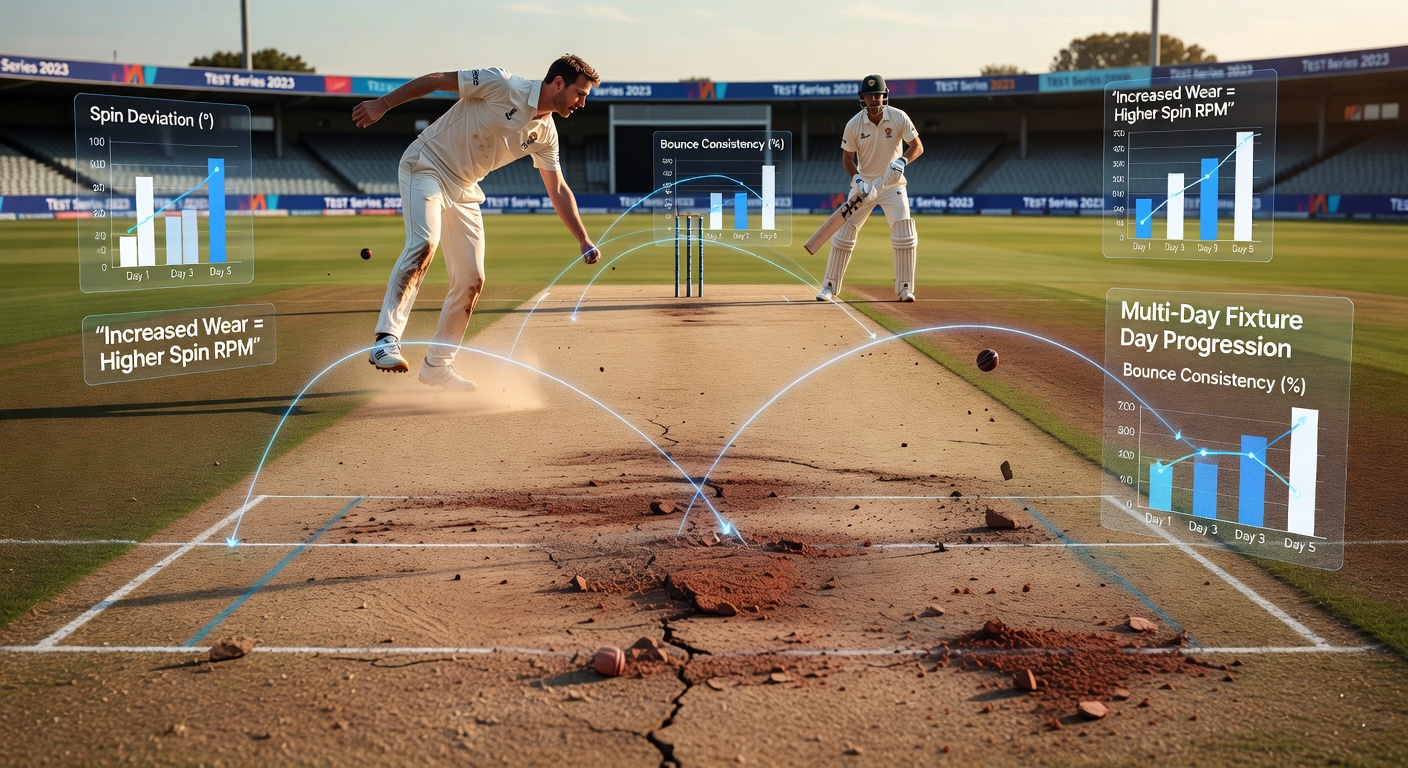 Close-up view of a deteriorating cricket pitch with cracks and rough patches aiding spin bowlers