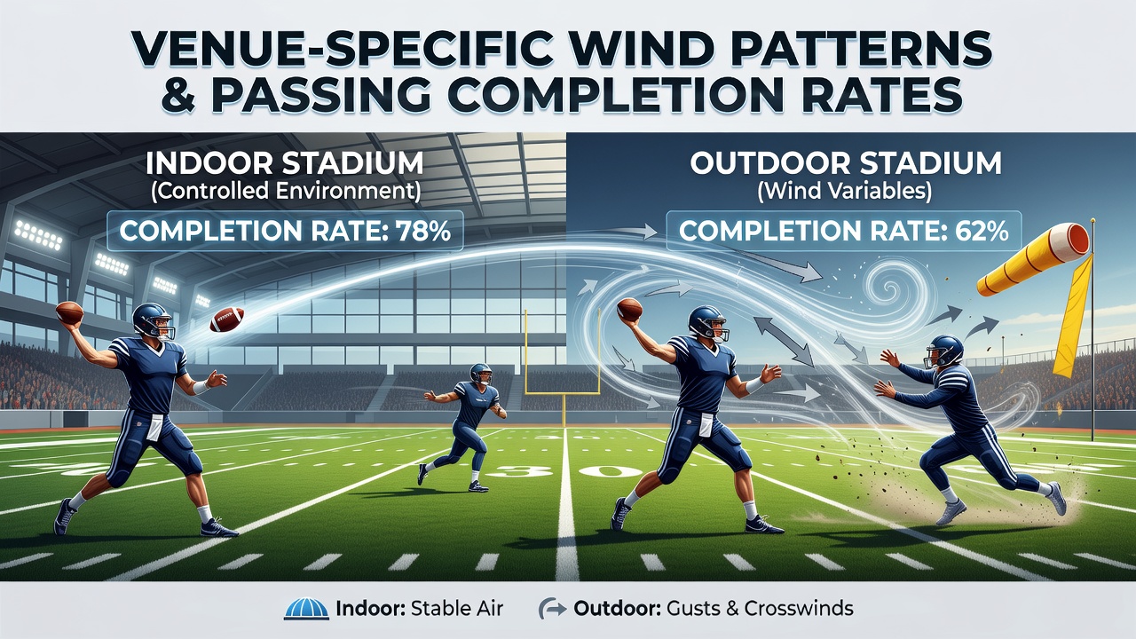 Aerial view of an open-air NFL stadium showing wind flow patterns across the field during a game