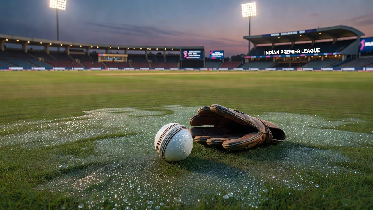 Close-up view of a dew-covered cricket ball during an IPL night match