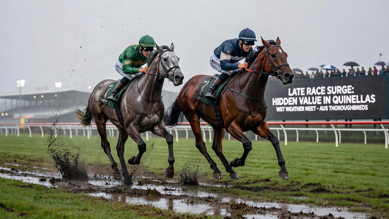 Close-up of thoroughbreds navigating a wet turn with visible late surge positioning