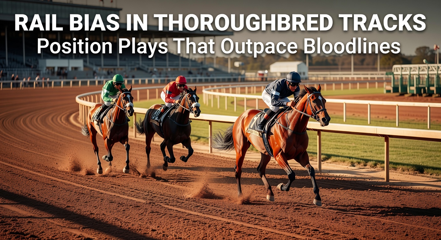 Thoroughbred horses thundering down the track, hugging the rail in a tight pack during a high-stakes race at a major oval
