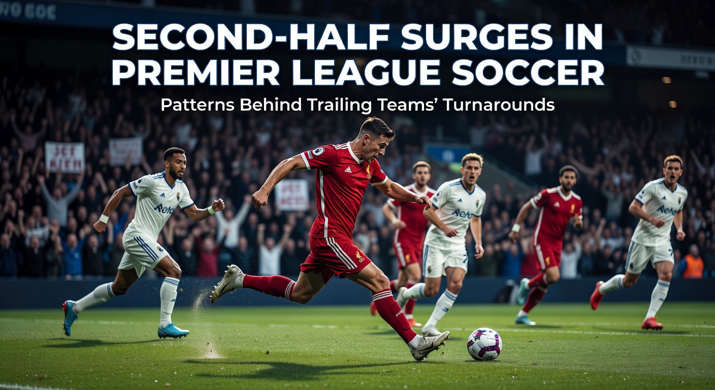 A dramatic Premier League match scene showing players celebrating a late equalizer in the second half, with the scoreboard highlighting a trailing team's turnaround