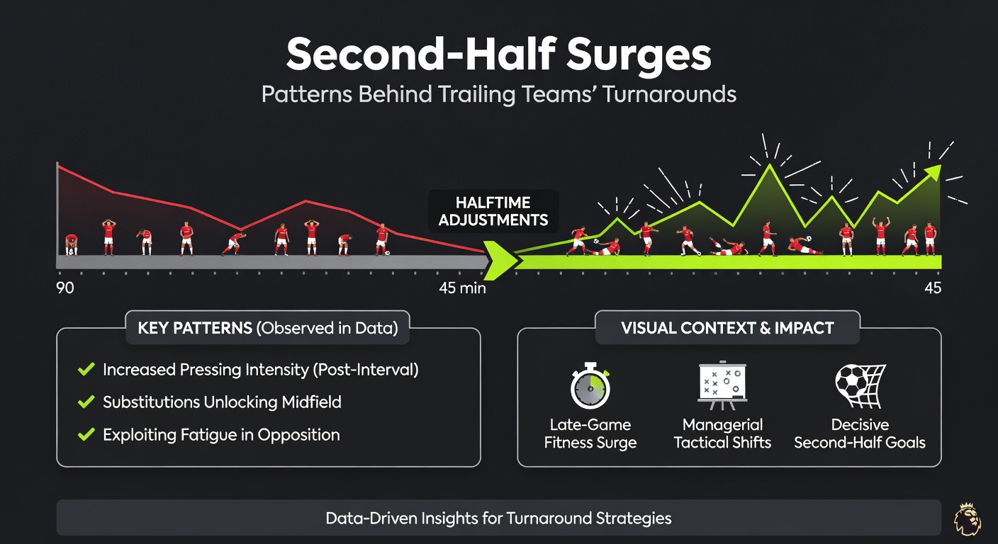 Graph illustrating second-half goal spikes in Premier League matches, with bars showing trailing teams' scoring rates post-halftime across recent seasons