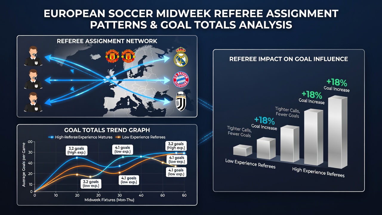 Data visualization chart displaying goal average trends by referee travel distance in midweek European fixtures