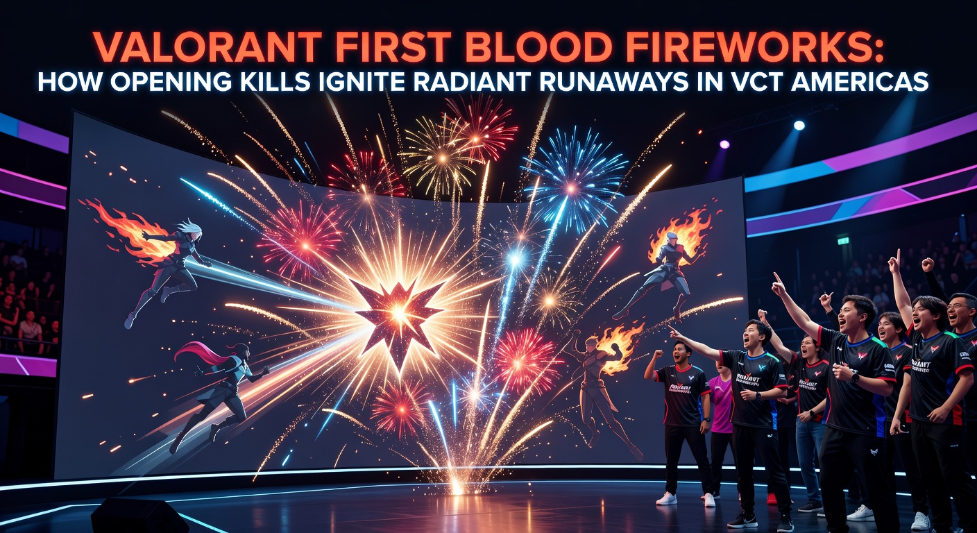 A high-energy Valorant match moment where a first blood kill sparks a dominant team push on Ascent map during VCT Americas